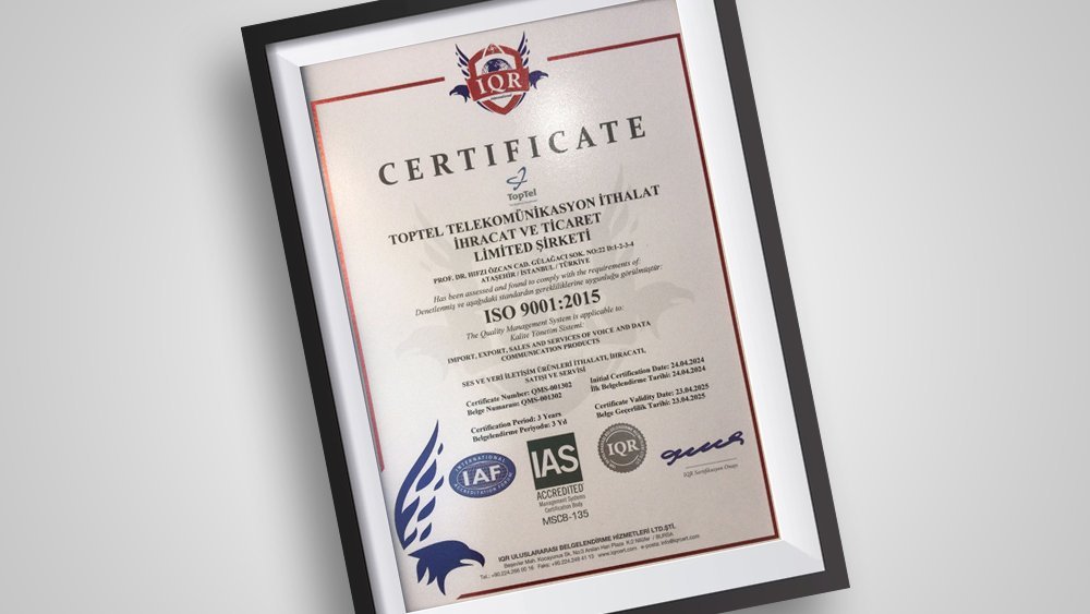 IQR ISO 9001:2015 Quality Certificate for the Import, Export, Sales, and Service of Voice and Data Communication Products